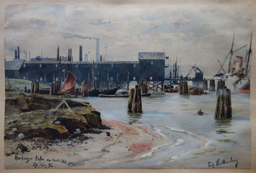 Fritz Stoltenberg: Hamburger Hafen, vom Amerikahöft gesehen. Signiert, 1892 datiert. Aquarell und
Gouache, 23,2 : 34,7 cm. Privatbesitz Hamburg
